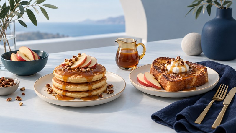 Pancakes and French toast with apple slices and caramel beside a small sauce pitcher