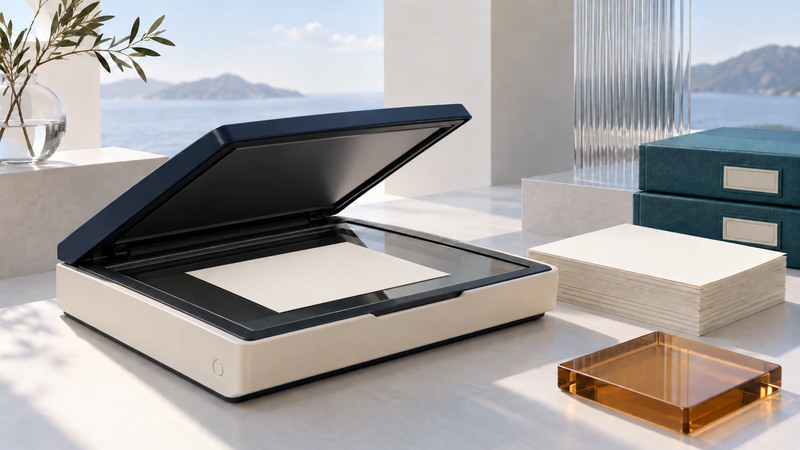 An open flatbed scanner holds a face-down print beside a paper stack and teal archive boxes.