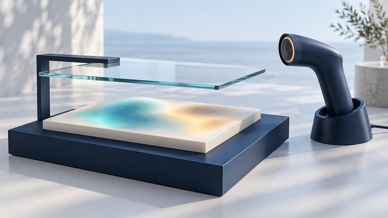 An optical camera beside a glass panel and an ivory surface with abstract teal and amber light.