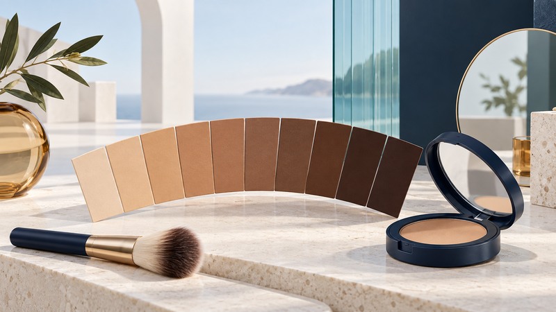 A broad fan of light-to-deep complexion color tiles beside an unbranded compact, mirror and brush.