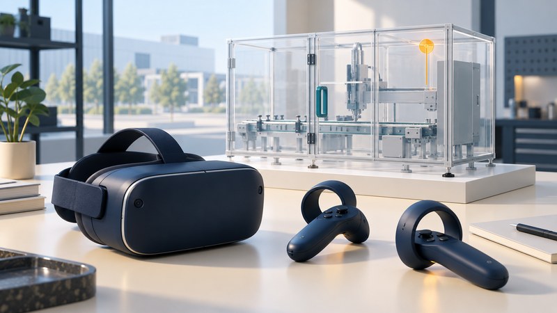 A VR headset and controllers beside a conceptual model of an industrial enclosure with an access handle.