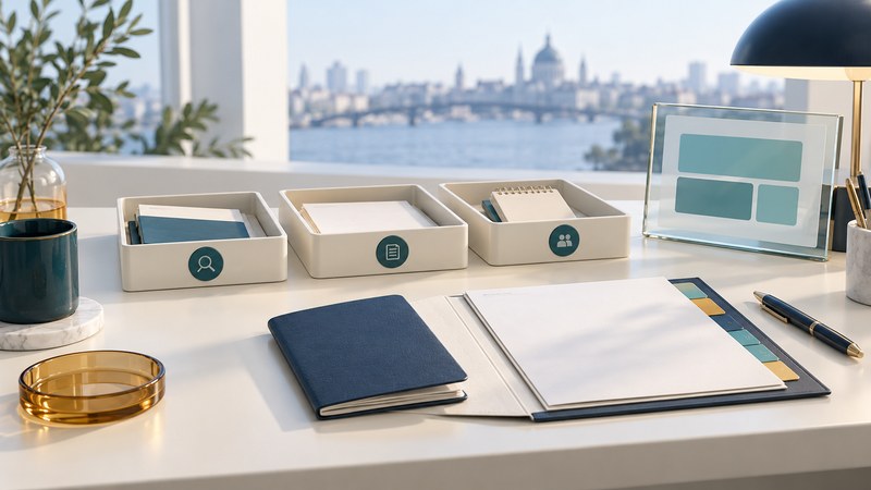 A blank booklet and tabbed document folder sit before three organized trays and a glass screen.