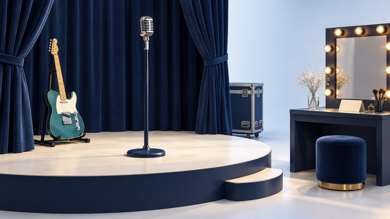 Microphone, guitar and dressing-room mirror