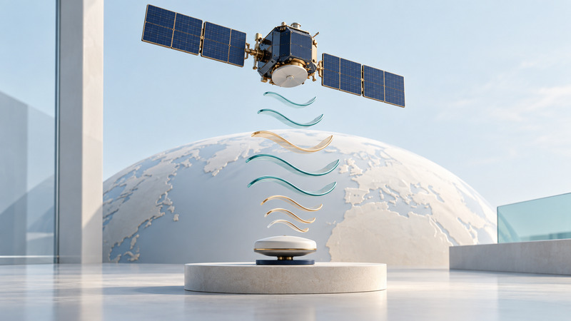 A navy navigation satellite model floats above a globe arc, glass waves and a receiver.