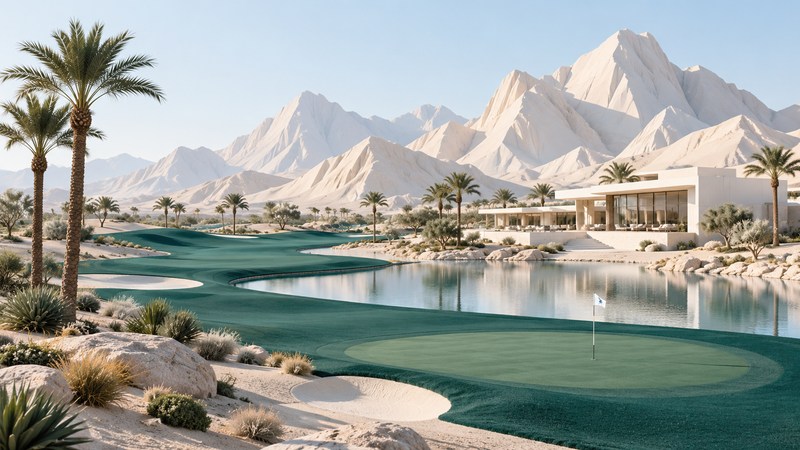 A conceptual desert golf landscape has ivory mountains, palms, a teal fairway and a low clubhouse.