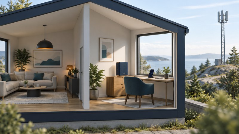 Cutaway rooms with a cellular gateway and phone beside a window, with a mast outside.