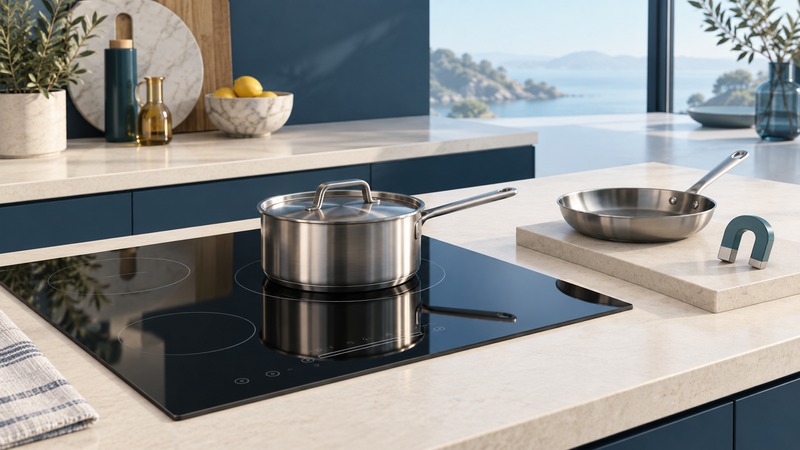 A saucepan on a glass induction cooktop beside a separate skillet and a small teal magnet.