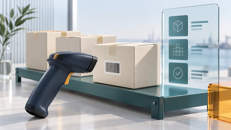 A navy barcode scanner faces labeled cartons beside a glass panel with abstract inventory symbols.