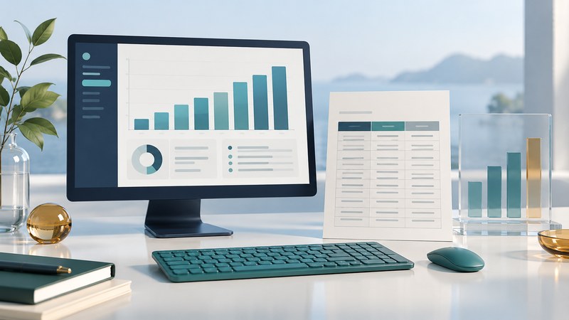 A monitor with a teal bar chart beside a paper table and keyboard.