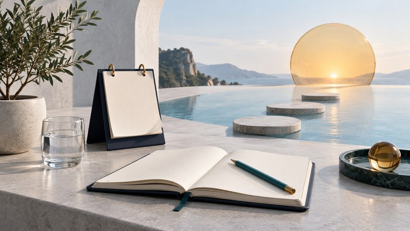 A blank daily calendar and open journal with a teal pencil beside stepping stones and an amber sunrise disc.
