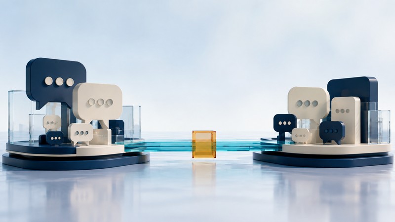 Two clusters of chat bubbles on separate platforms meet across a glass teal bridge with an amber checkpoint.