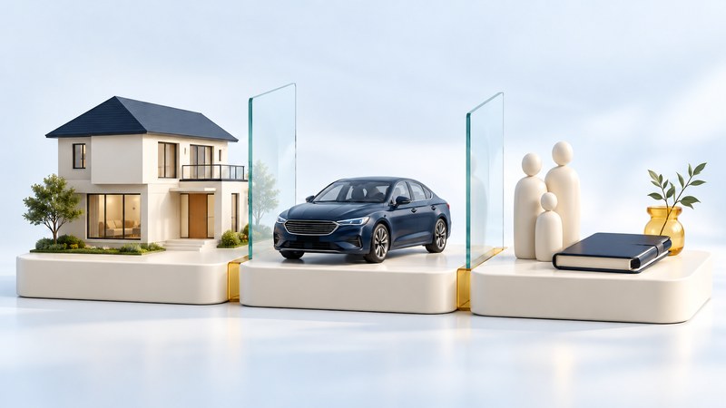 Miniature house, navy car and household figurines on connected ivory platforms.