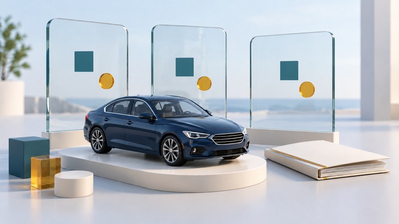 Unbranded navy car before three glass panels with teal squares and amber circles, beside a policy booklet.