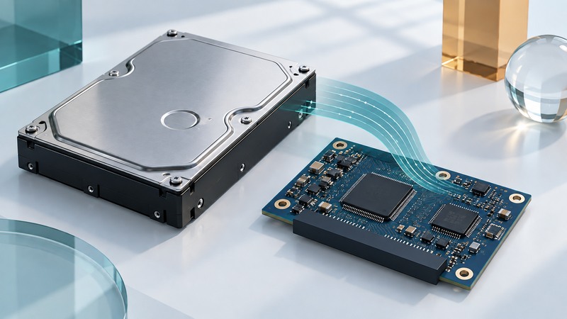 A closed hard drive beside a conceptual controller board with translucent signal paths.