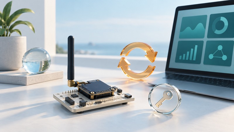 An embedded wireless evaluation board sits beside a laptop, glass key and amber reconnection symbol.