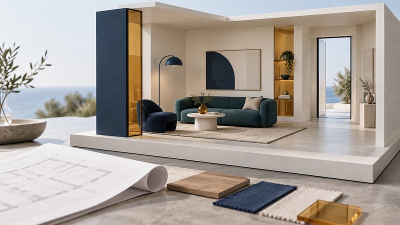 An ivory room model contains a teal sofa, navy chair, round table, and open passage, with plans and fabric samples in front.
