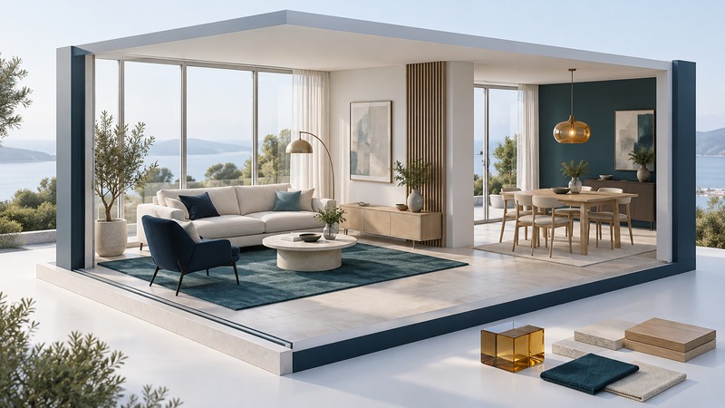 A cutaway living and dining room shows furniture, clear walking routes, and separate material samples.