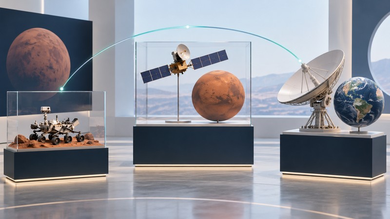 Separate rover, orbiter and Earth antenna exhibits joined by a conceptual communication arc.