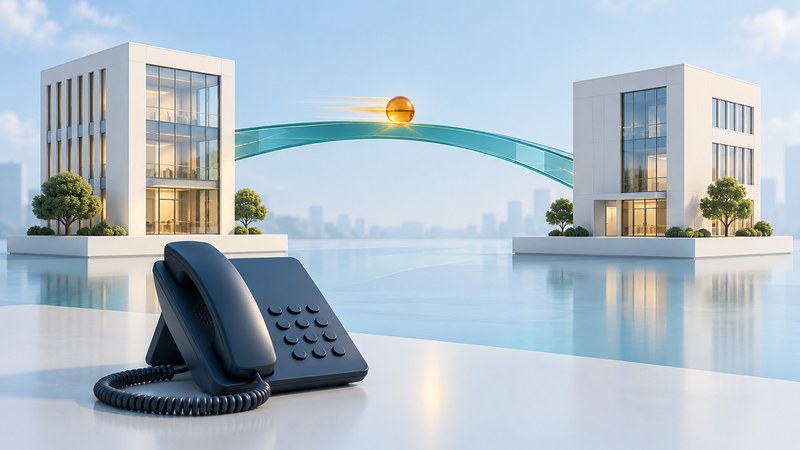 Two service buildings connected by a teal bridge with an amber identity token and a desk phone.