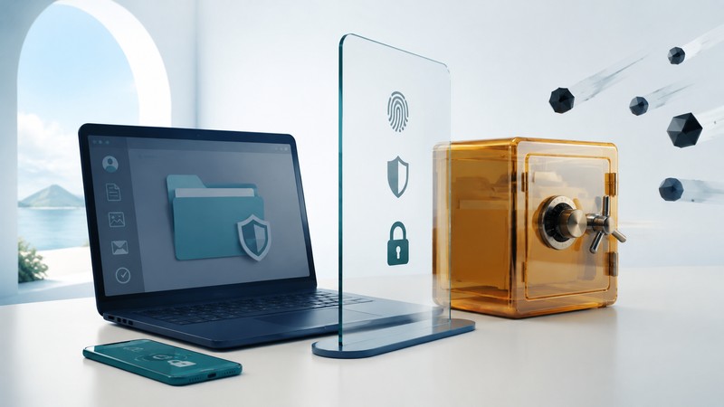 A navy laptop and teal phone sit beside a glass protection panel and an amber backup vault.