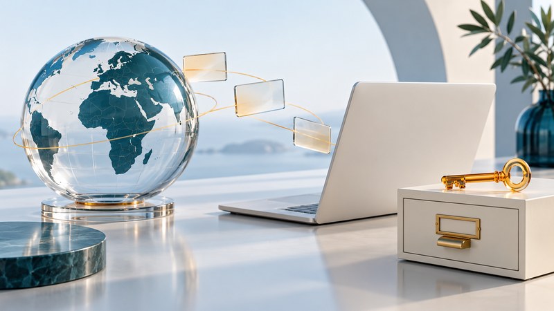 A glass globe and laptop stand beside an ivory registry drawer with an amber key.