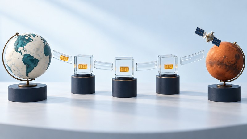 Earth and Mars models are separated by glass relay boxes holding amber message blocks.