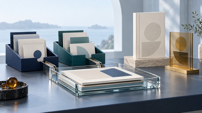 Two separate editing trays join a staging platform beside a glass-covered edition and a separate publishing display.