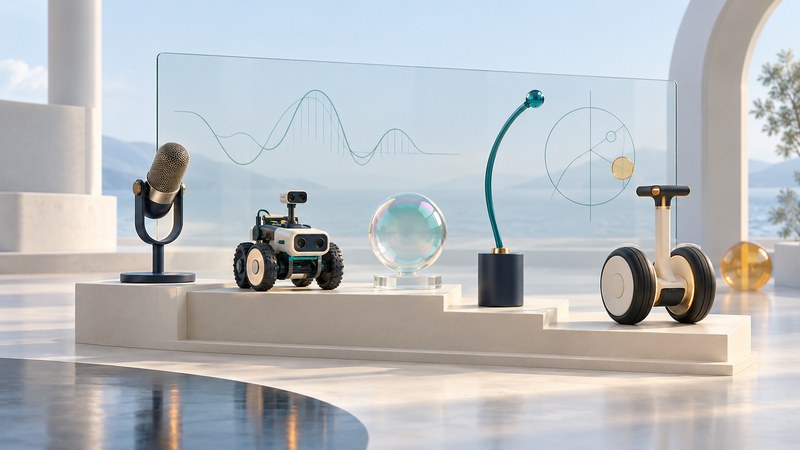 A microphone, educational robot, bubble, flexible rod and two-wheeled transporter form a calm invention exhibit.