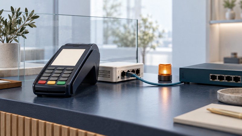 A navy card terminal sits beside an ivory network gateway, a teal network box, a cable and an amber status marker.