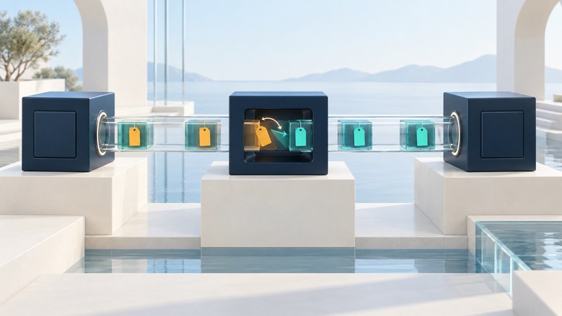 Three navy router cubes exchange glass data blocks with changing coloured tags along a clear channel.