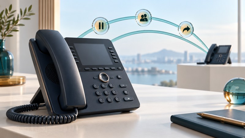 A navy desk phone beside glass call markers and teal paths leading toward a second phone.