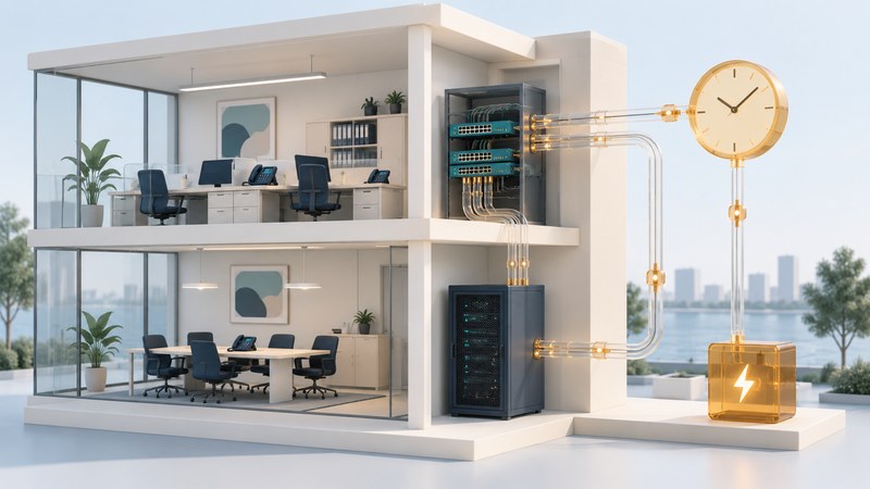 An ivory office cutaway with phones, network equipment, glass paths, a clock and a power block.