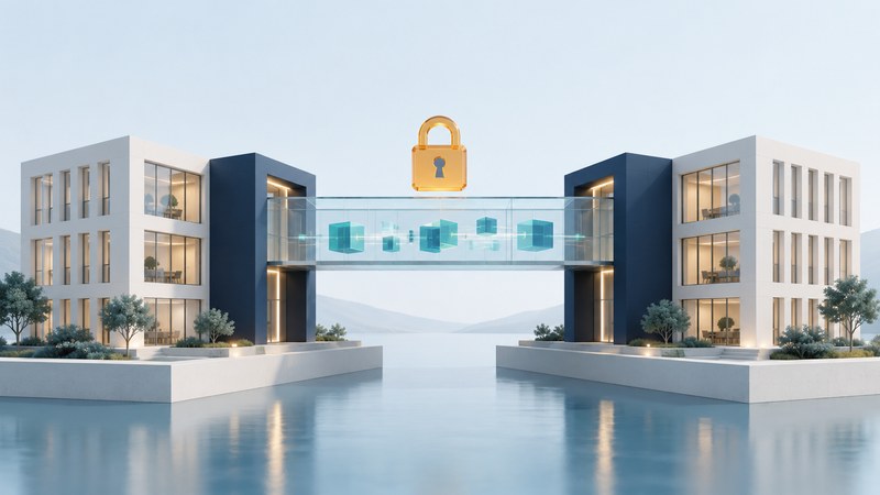 Two office buildings connect through a glass bridge carrying teal blocks beneath an amber lock symbol.