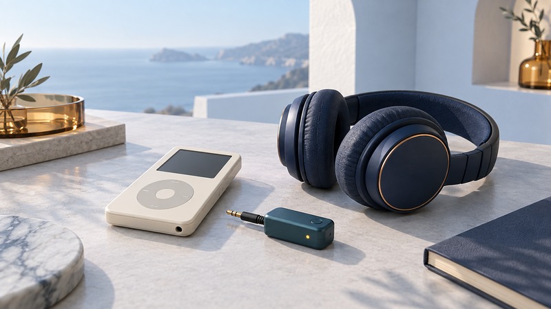 An ivory vintage music player sits beside navy headphones and a disconnected teal audio transmitter.
