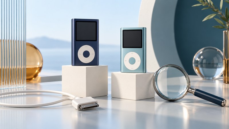 Two conceptual pocket music players beside a magnifying glass and a dock-connector cable.