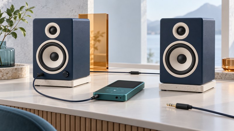 A compact music player connected by an audio cable to a pair of powered speakers.