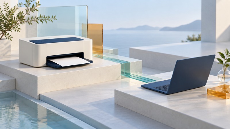 An ivory printer and navy laptop sit on separate terraces joined visually by teal glass channels.