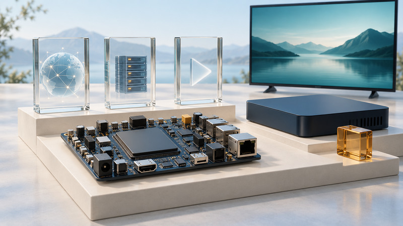 A navy receiver circuit board and enclosure sit before glass media symbols and a television on ivory platforms.