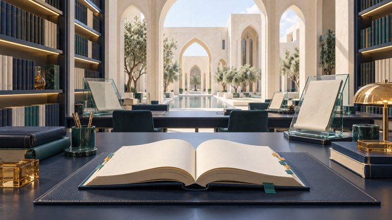 An open reference book and glass document stands face an imagined courtyard framed by library shelves and ivory arches.