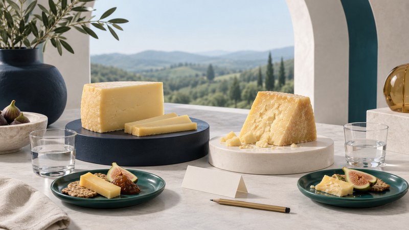 Two pale cheddar wedges with different textures, tasting plates, water and a blank note card.