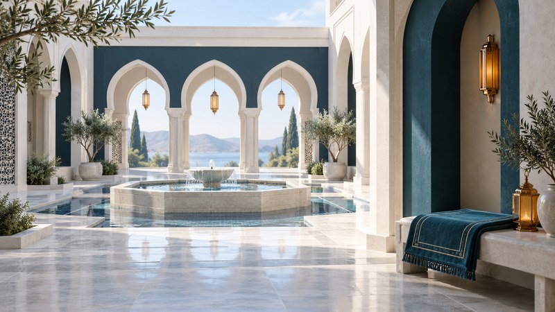 A quiet courtyard with arches, a fountain and a folded teal prayer rug beside an entrance.
