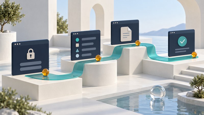 Browser panels for sign-in, forms, documents and confirmation are joined by a continuous teal path.