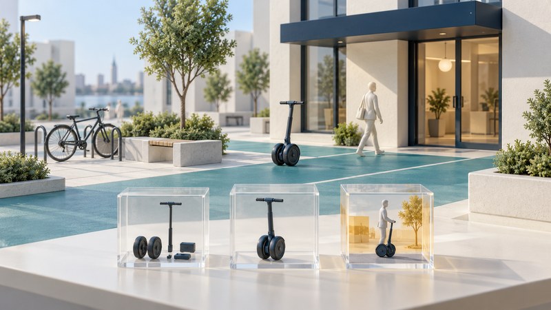 A model streetscape contains a personal transporter, pedestrian and bicycle, with three prototype-to-use displays in front.