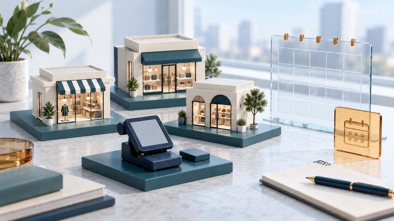 Three ivory storefront models and a navy checkout terminal sit beside a glass calendar and an amber scheduling tile.