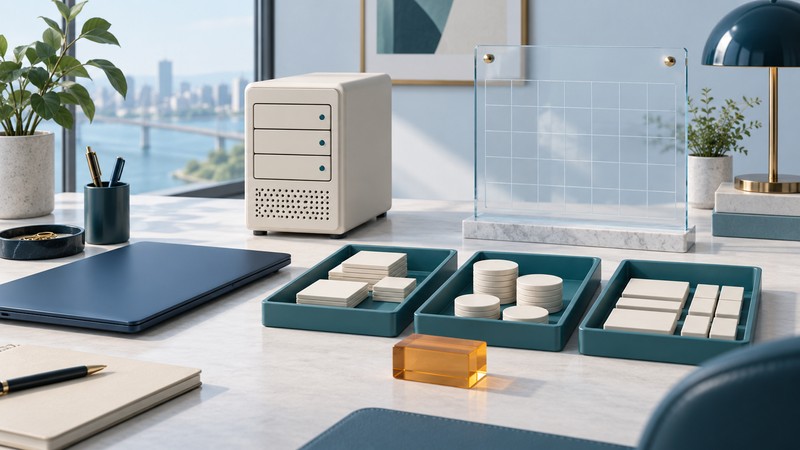 A navy laptop and ivory server sit beside teal budget trays, a blank glass calendar and an amber reserve block.