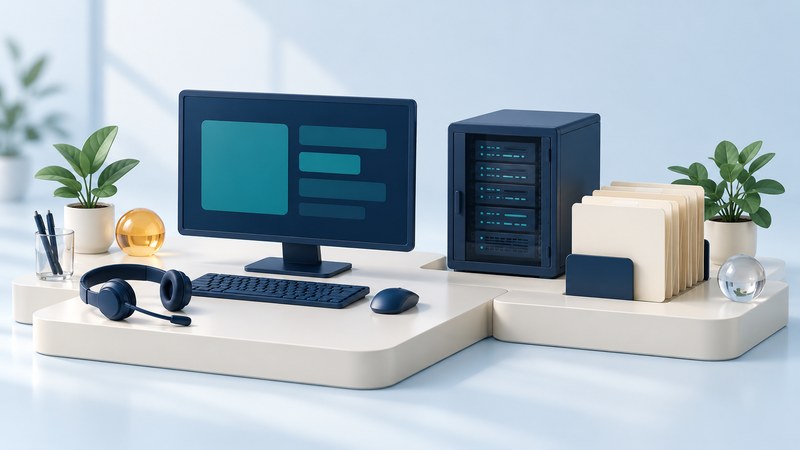 A navy workstation, headset, server cabinet and organized service folders sit on ivory platforms.