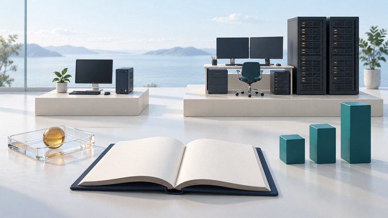Two alternative workstation arrangements stand behind a blank ledger, teal blocks and an amber token.
