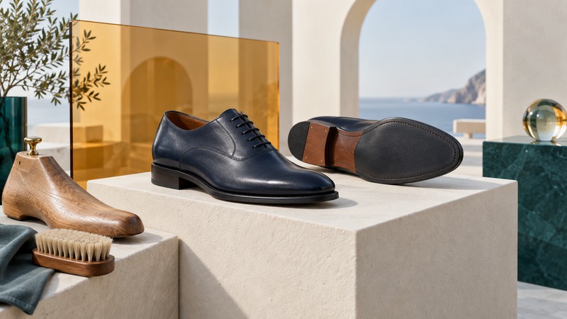 A navy leather lace-up shoe and an upturned companion sit near a wooden last and care brush.
