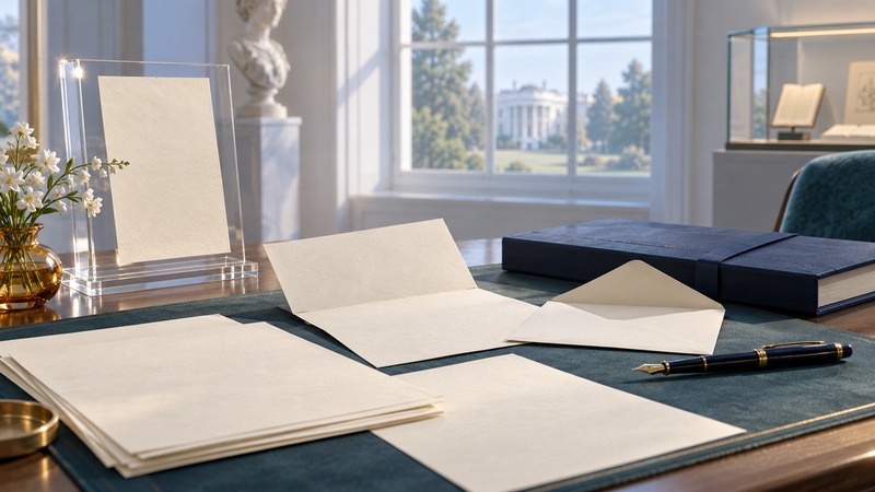 Blank letter sheets, an envelope, fountain pen and navy archival folder rest on a quiet study table.