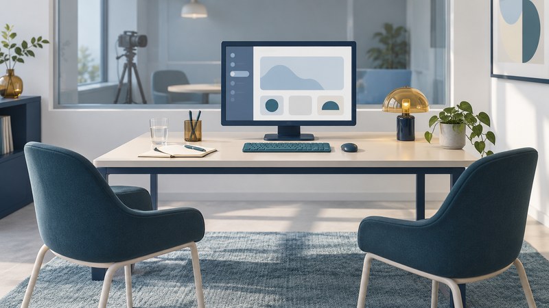 A monitor, keyboard and observation notebook sit between two empty chairs in a usability-study room.
